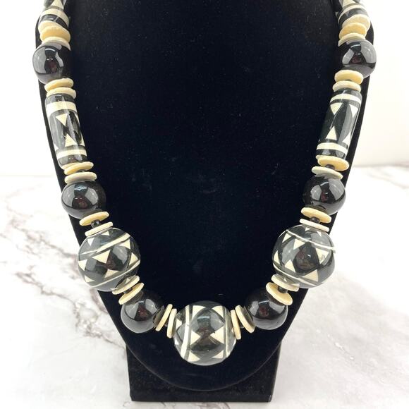 Hand Made Necklace Ceramic Beaded Chunky Statement Boho Black and White Jewelry - Picture 1 of 10